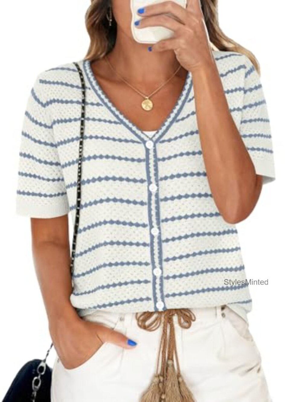 V-Neck Short Sleeve Crochet Button Cardigan Striped Knit Sweater Blouse